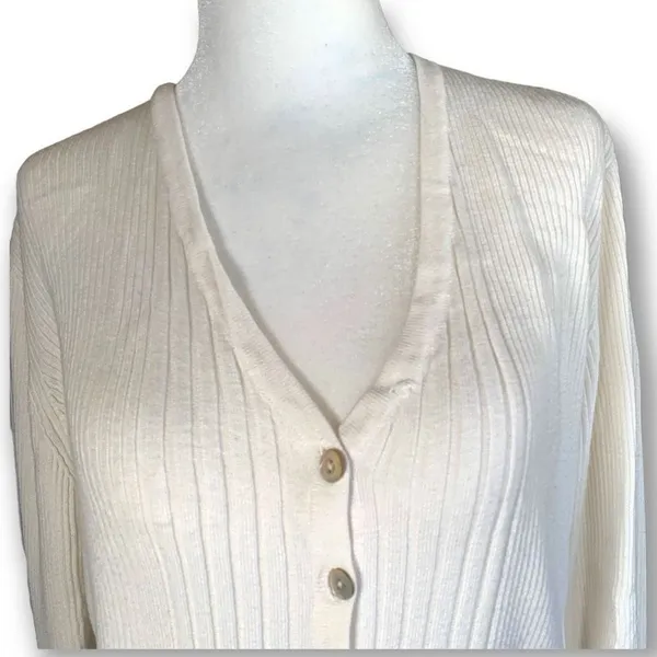 Vintage Worthington Cardigan Sweater Oatmeal Ribbed Knit V-neck Long Sleeve‎ - Image 3