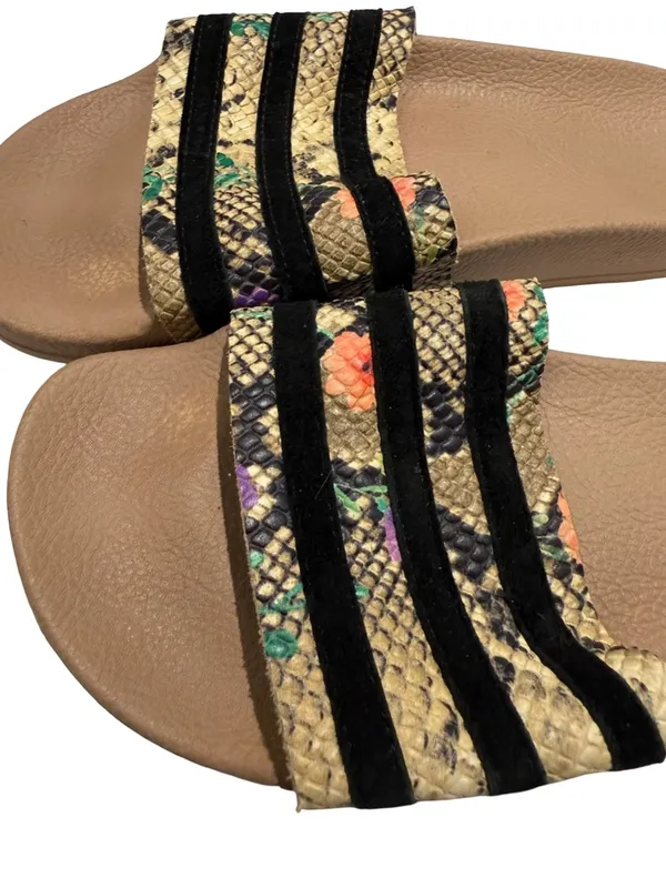 Cute Women’s Slide Sandals in Taupe with Snake-Print Straps - Image 2
