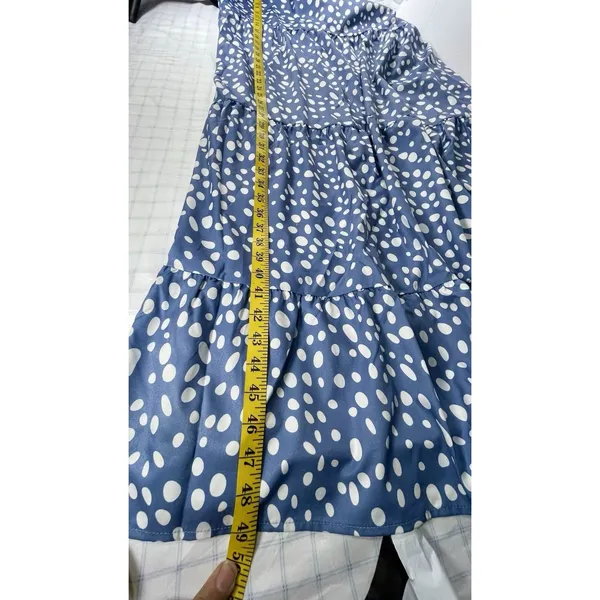Blue White Polka Dot Tiered Midi Dress Puff Sleeve Boho No Size Tag Fits XL/2XL) - Image 5