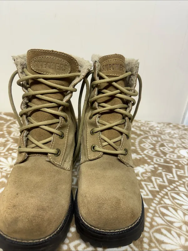 Skechers Tan Suede (Leather)Lace-Up Ankle Boots with Shearling Trim - Image 2