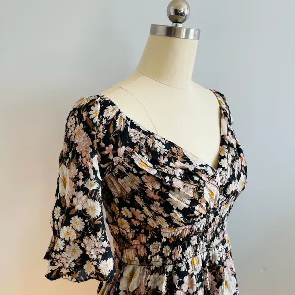 Abercrombie & Fitch Off The Shoulder Black Floral Mini Dress- Size Medium Tall - Image 3