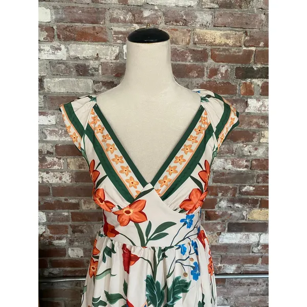 SHEIN Tropical Floral Maxi Dress XS Ruffle V-Neck Open Back Tie Sundress - Image 2