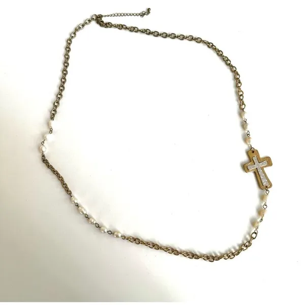 Silver and gold tone fresh water pearl long cross necklace - Image 7