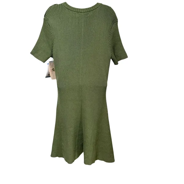 French Connection Olive Green Ribbed Military Sweater Dress Gold Button Mini L - Image 3