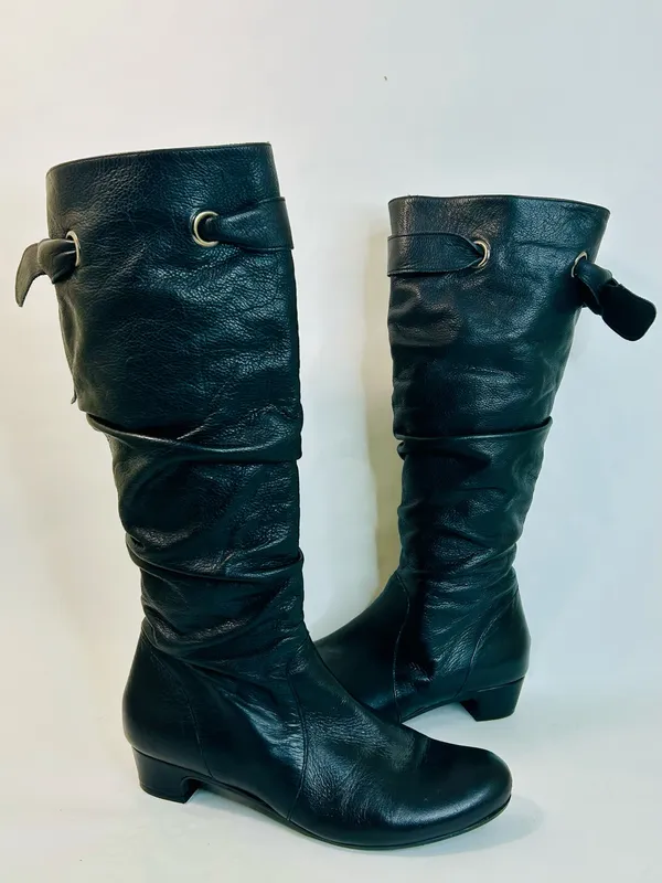 Eric Michael Web Shoemaker Black Leather Zip Knee High Boot Sash Tie size 40/9.5 - Image 3