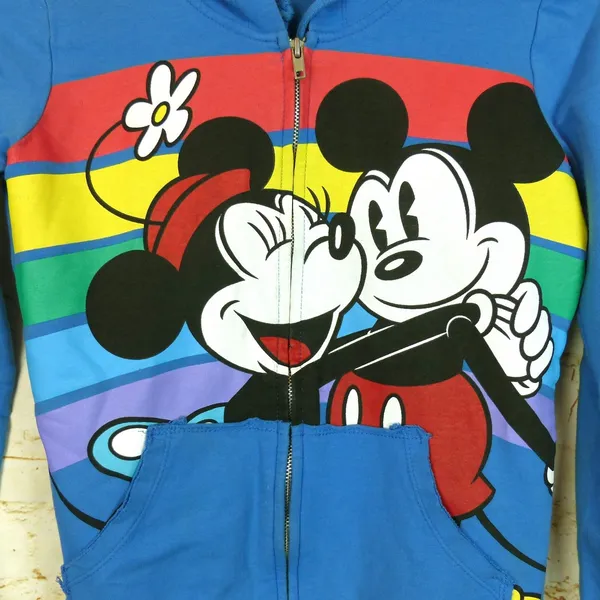 Disney Park Hoodie Womens M Blue Mickey Minnie Rainbow Zip Sweater Flaw Y2K - Image 6