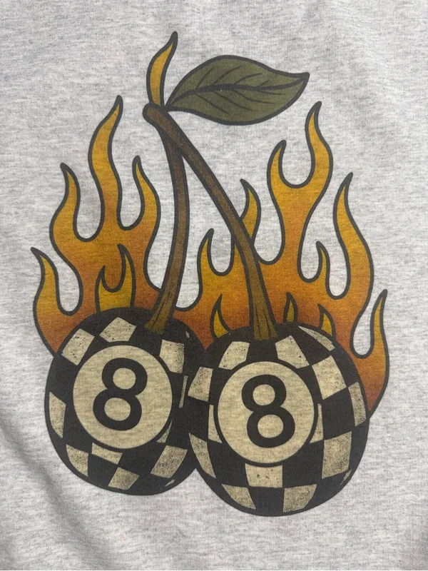 Gildan Light Gray Sweatshirt with Flaming Pool Ball Cherry Graphic - Image 5