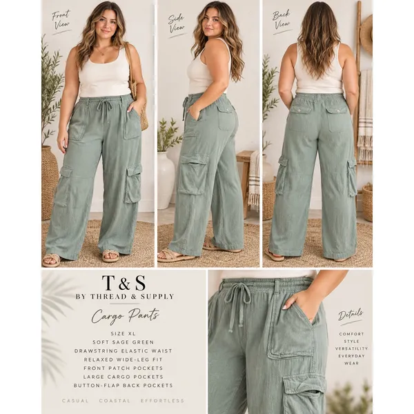 T&S by Thread & Supply Cargo Pants Sage Green Wide Leg XL Drawstring Waist - Image 2