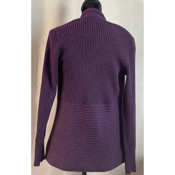 Eileen Fisher Womens XS Cardigan Sweater Purple Merino Wool‎ Ribbed Open Front - Image 2