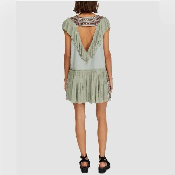 Free People Day Glow Boho Embroidered Mini Dress Women’s Medium Spanish Moss - Image 3