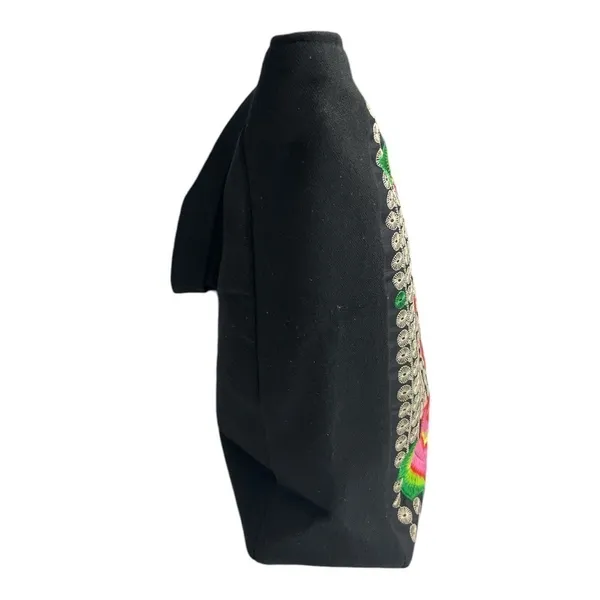 Guatemalan Embroidered Boho Floral Tote Bag Black Canvas Coin Trim - Image 4
