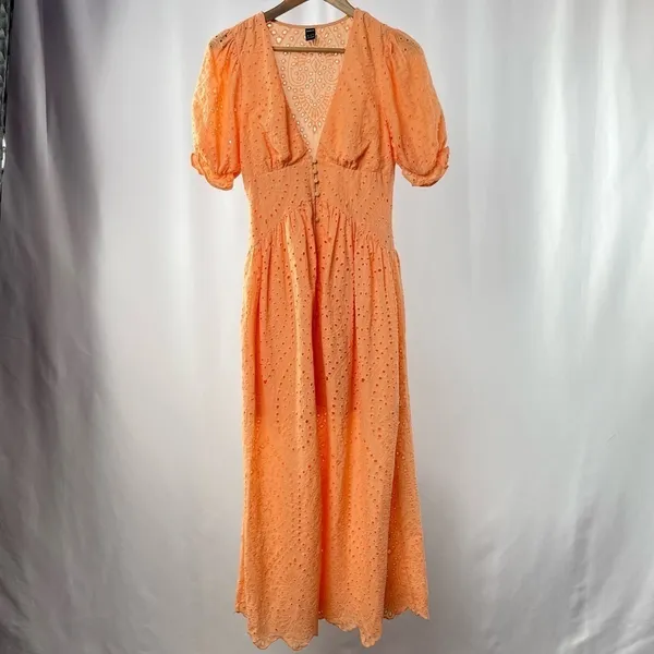 Sundress Deep V Eyelet Puff Sleeve Maxi Dress in Orange‎ Size Extra Small - Image 5