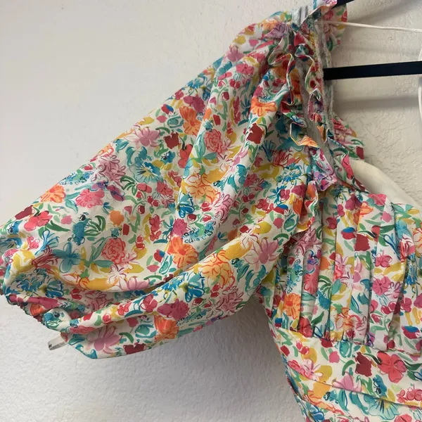 For Love & Lemons Floral Claude Puff Sleeve Crop Top Pink Blue Size Large - Image 6