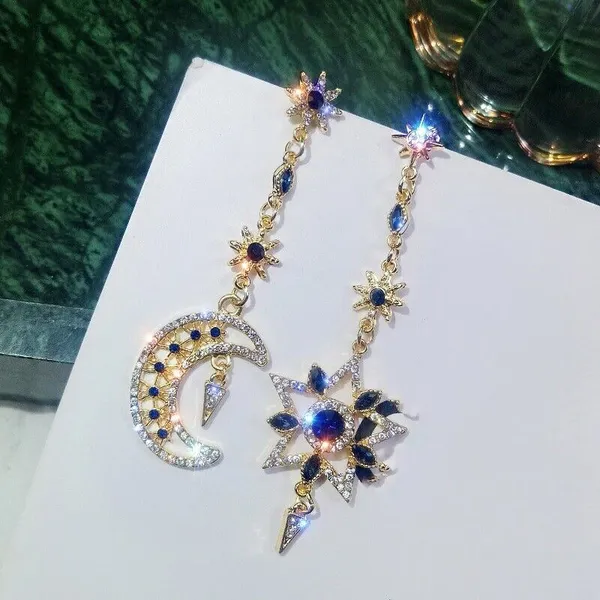 Asymmetrical Celestial Moon & Star Drop Earrings - Horoscope, Bling, Sparkle - Image 2
