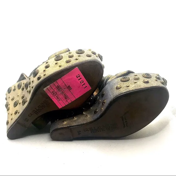 Guillaume Hinfray Gold An Blue Leather Studded Distressed Wedge Heels (36) - Image 10
