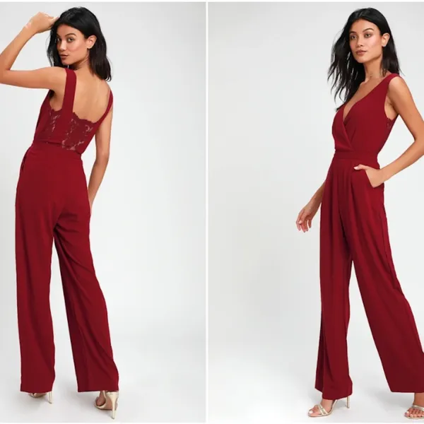 LULU's Sexy Elegant Chic Lace Minimalistic Wedding Burgundy Wide Leg Jumpsuit - Image 4