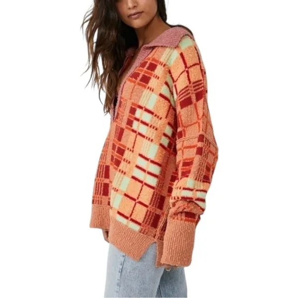 Free People Ruben Oversized Textured Plaid Collared Sweater‎ Boho Pullover M - Image 5