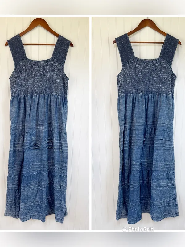 SOFT‎ SURROUNDINGS Smocked Chambray Denim Maxi Dress Large Petite Sleeveless - Image 2