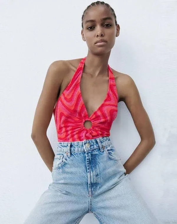 Zara Patterned Cut-Out Jacquard Retro 70s Body Suit - Image 3