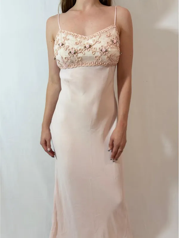 Light Pink Vintage Morgan & Co. Floral Embroidered Evening Gown - Image 4