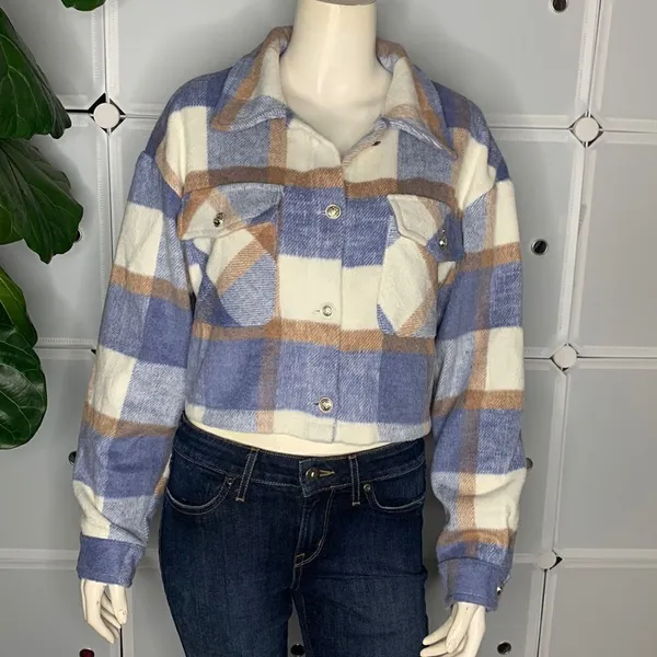 Plaid Print Drop Shoulder Crop Overcoat Size Large Blue - Image 3