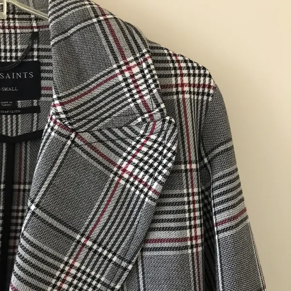 All Saints Tyla Check Plaid Wool Blend Belted Long Trench Coat - Image 12