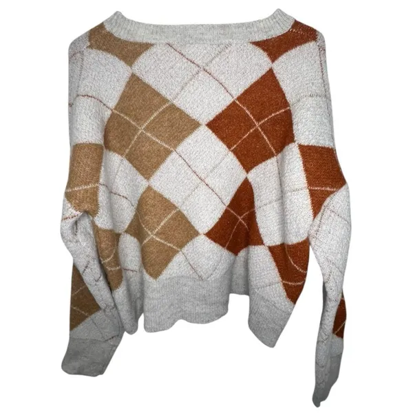 Bibi Cream And Orange Argyle Plaid Fall Knit Pullover Sweater Size L - Image 3