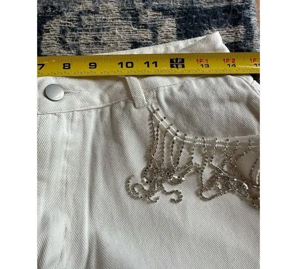 Cloud Ten White Denim Rhinestone Fringe Cuffed High Waisted Shorts Large NEW - Image 6