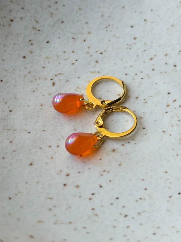 Handmade AB orange mini teardrop Czech glass simple minimalist earrings🧡 - Image 5