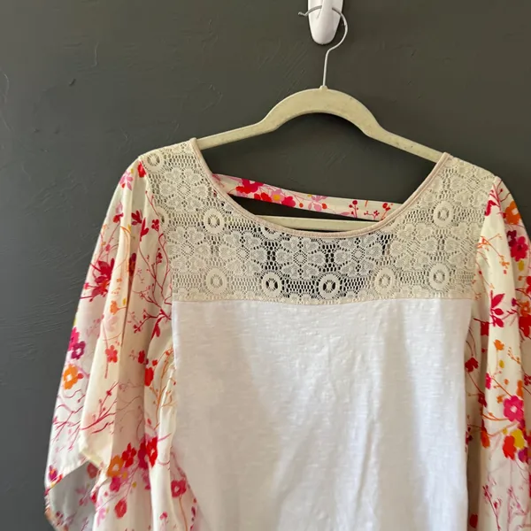 prAna Womens Small Boho Mixed Media Floral‎ Kimono Sleeve Crochet Lace Top White - Image 2