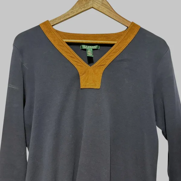 Lauren Ralph Lauren Tunic Top L Navy Blue‎ Suede Trim Equestrian Preppy Capsule - Image 3