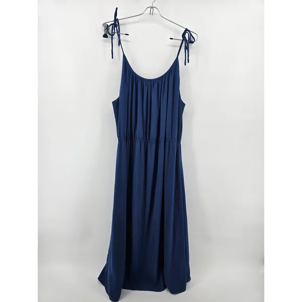 Theory Silk Midi Dress Womens Large Blue Tie‎ Shoulder Gathered Neck Minimalist - Image 3