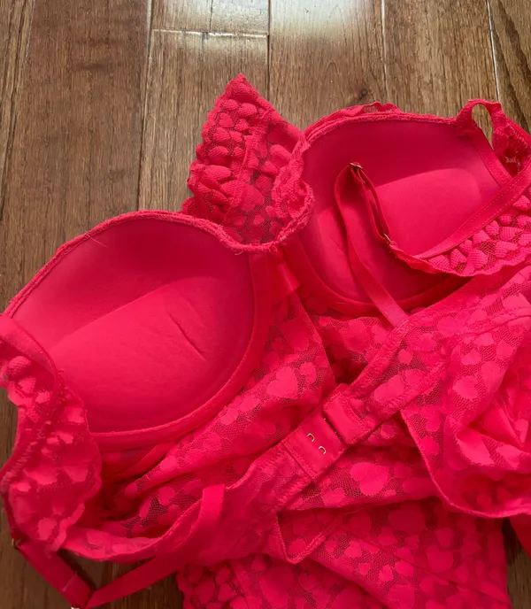 Y2k Victoria’s Secret hot pink mesh heart print lace padded chemise slip - Image 6