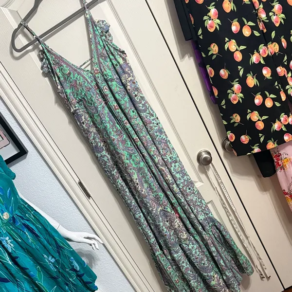 💖 Bella Boheme Green Paisley Enya Maxi Tiered Ruffle Dress Boho Goddess Coastal - Image 4