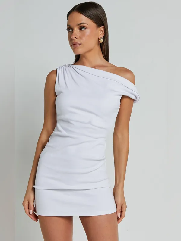 SHOWPO Clementine Ribbed Off The Shoulder Bodycon Mini Dress In White - Image 4