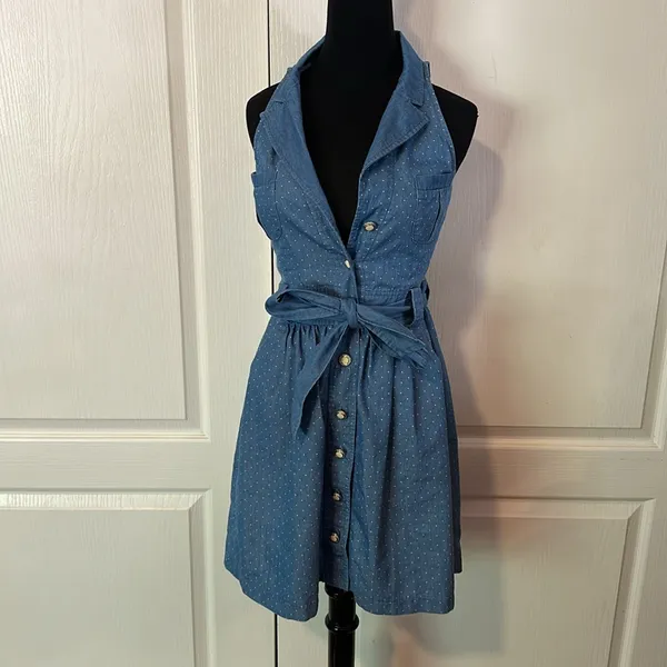 MONTEAU LA HALTER CHAMBRAY POLKA DOT BUTTON FRONT DRESS - Image 2