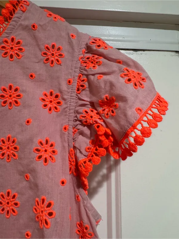 Boden Watermelon Punch Embroidered Flutter Sleeve Pom Trim Top - Image 8