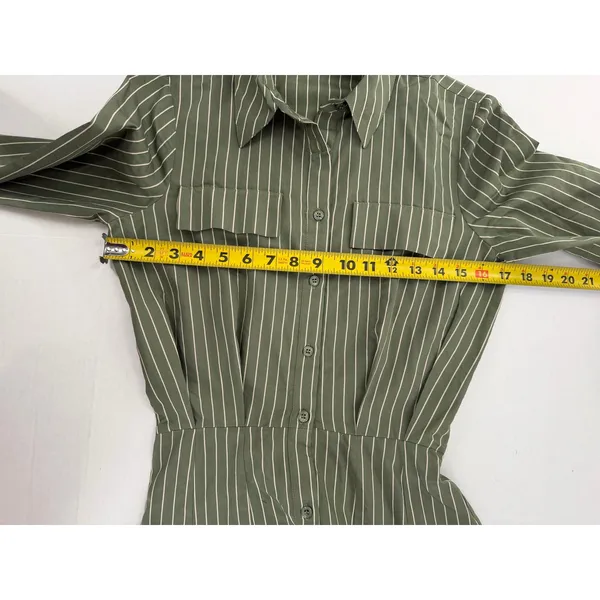 ASOS Shirt Dress Olive Green Pinstripe Maxi SZ 0 Safari Scandi Utility Military - Image 13