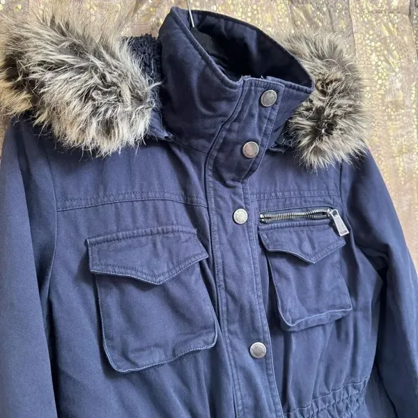 BCBGeneration Navy Blue Hooded Faux Fur Trim Anorak Parka Coat Large - Image 3