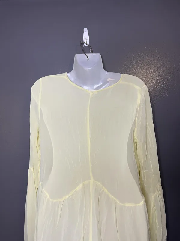 LACAUSA Anthropologie Dress Women Medium Yellow Sheer Bell Sleeve Trapeze Swing - Image 7