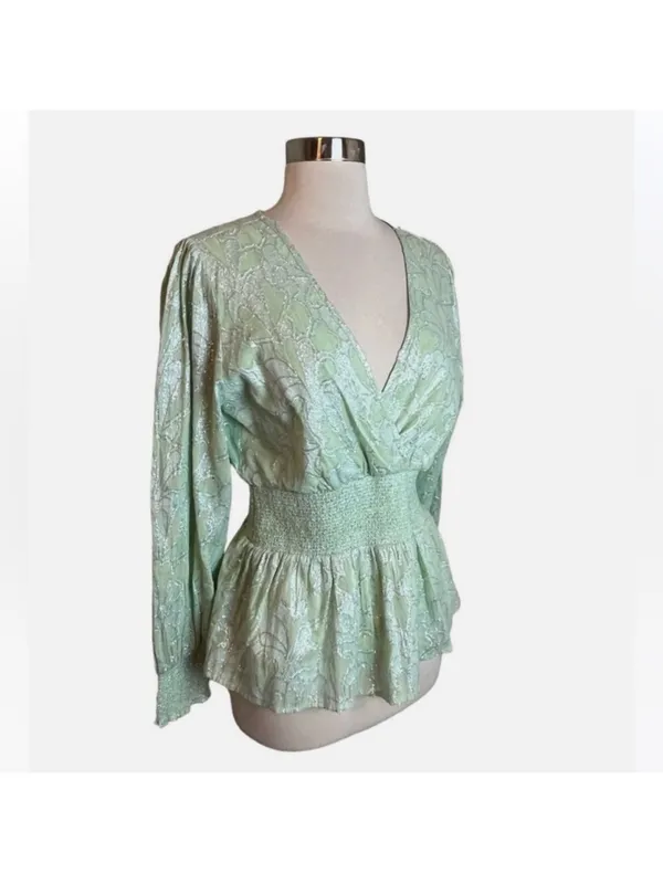 $118 Roller Rabbit Top Mint Green Metallic Jacquard V Neck Long Sleeve S - Image 2