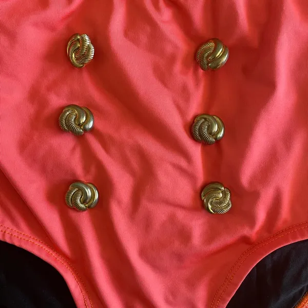 Coral high-waisted bikini bottoms with decorative gold buttons - Image 2