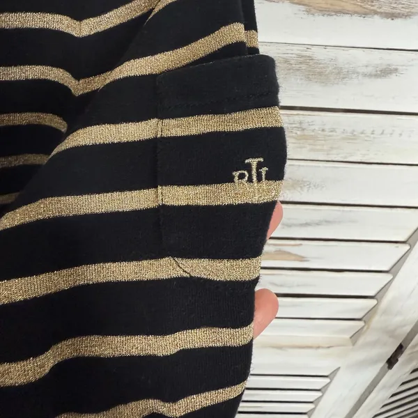 LAUREN RALPH LAUREN Black Gold Stripe Top Monogramed Arm Pocket Medium - Image 7