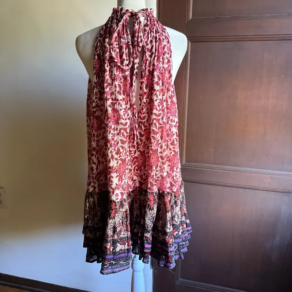 FREE PEOPLE | LYLA Red Floral Gauze High Neck Ruffle Hem Mini Dress | Medium - Image 4