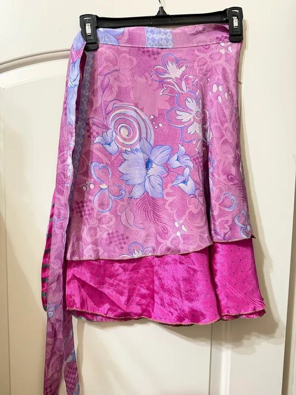 reversible Indian silk wrap skirt in Pink floral “Knee Length” - Image 4