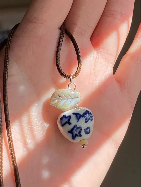 Handmade celestial porcelain heart bead & Czech leaf unique boho fairy whimsical necklace🌙🌀🌟 - Image 2