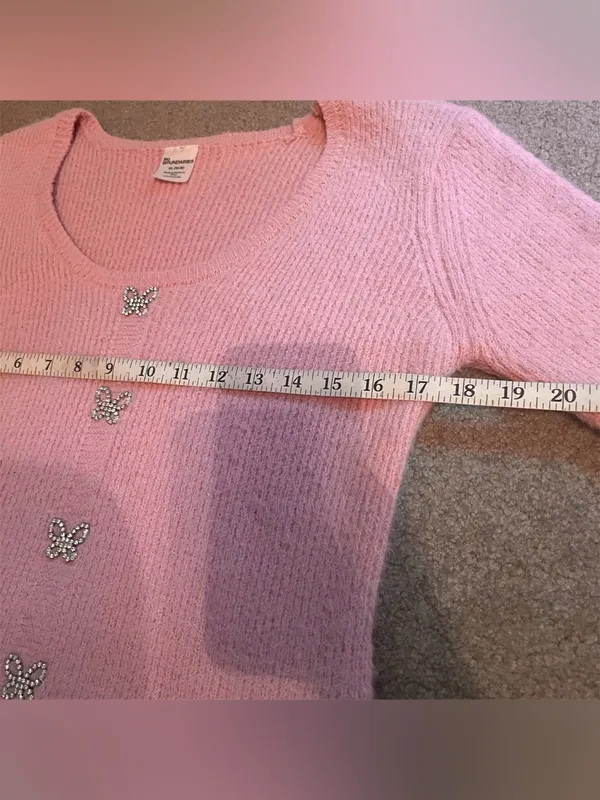 Pink Fuzzy Rhinestone Butterfly Button Long Sleeve Sweater - Image 12
