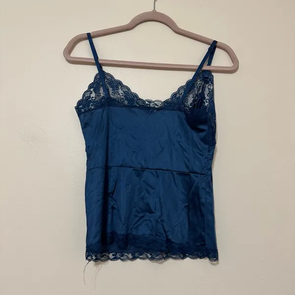 Vintage Made in the USA Lace Trim Navy Blue Slip Lingerie Top - Image 3