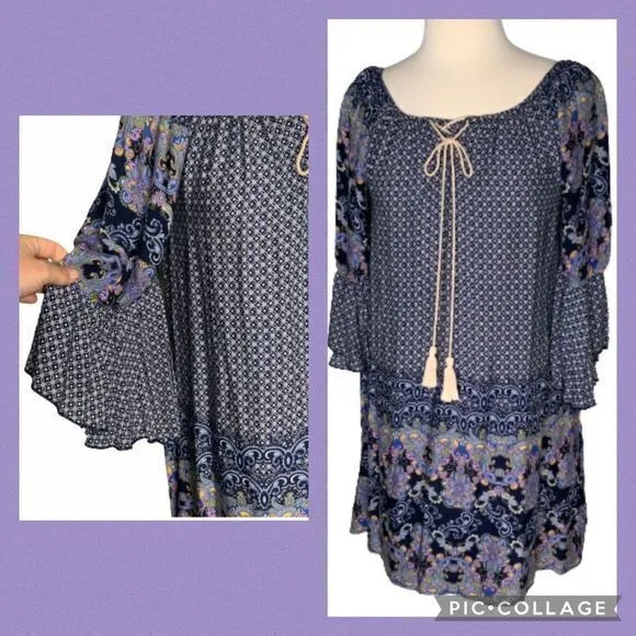 Altar’d State Blue/White/Lavender Boho Bell Sleeve Mini Dress Tunic S - Image 13