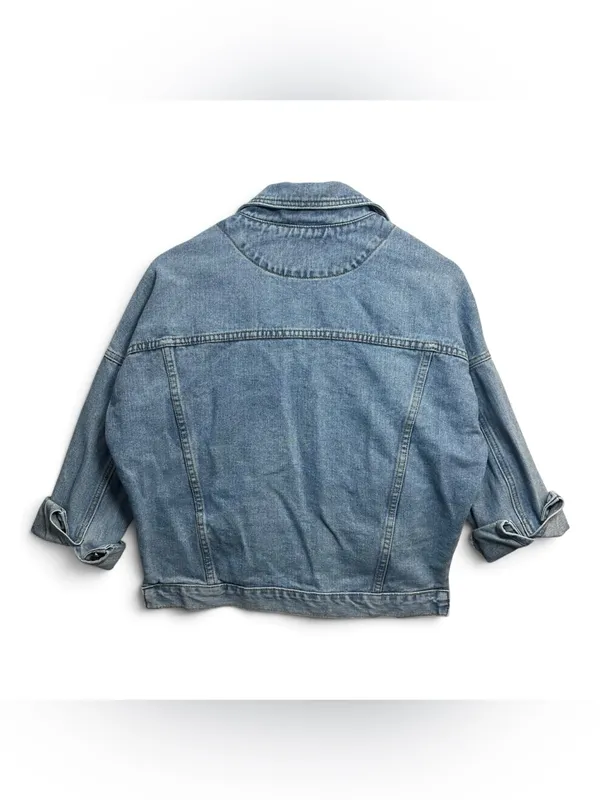 Princess Polly S/M Oversized Distressed Denim Jacket Light Wash Raw Hem - Image 4
